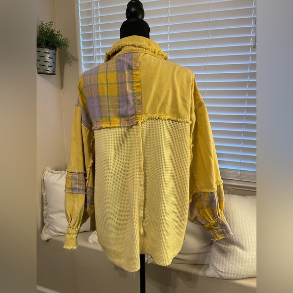 POL Yellow & Plaid Patchwork Raw Hem Distressed Shacket - Picture 8 of 11